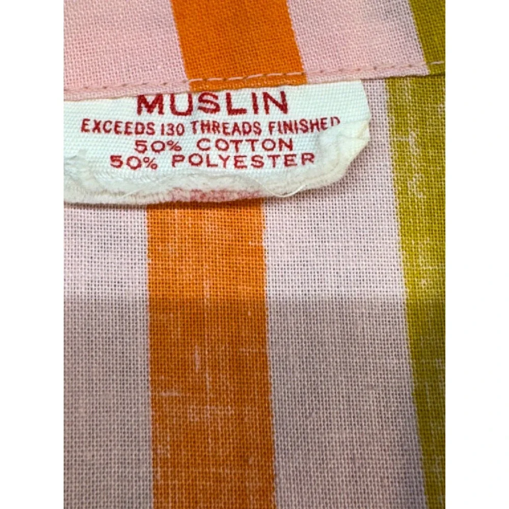 Vintage Muslin Full Double 70s orange green pink striped sheet